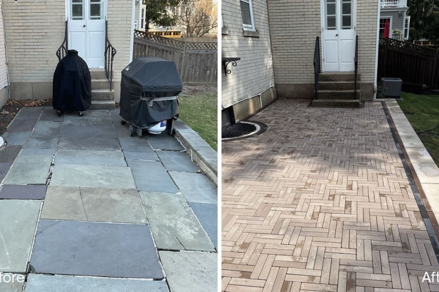 Before and After Unilock Mattoni Sable and Cocoa Brown Herringbone Pattern Hardscape Patio Riverwoods - Landscaping