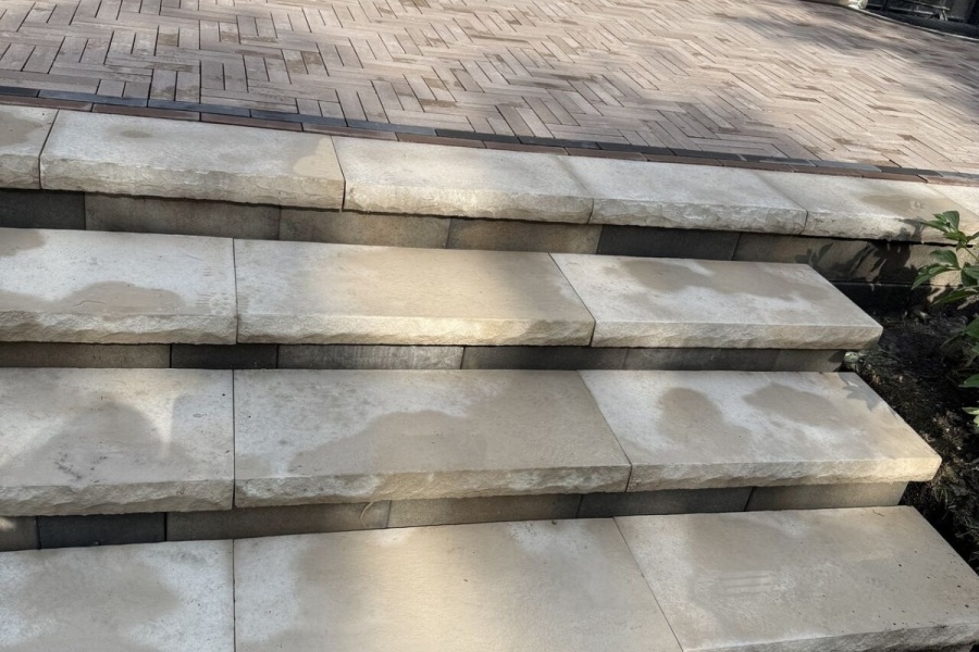 Unilock Mattoni Sable and Cocoa Brown Herringbone Pattern Hardscape Patio Riverwoods - Landscaping