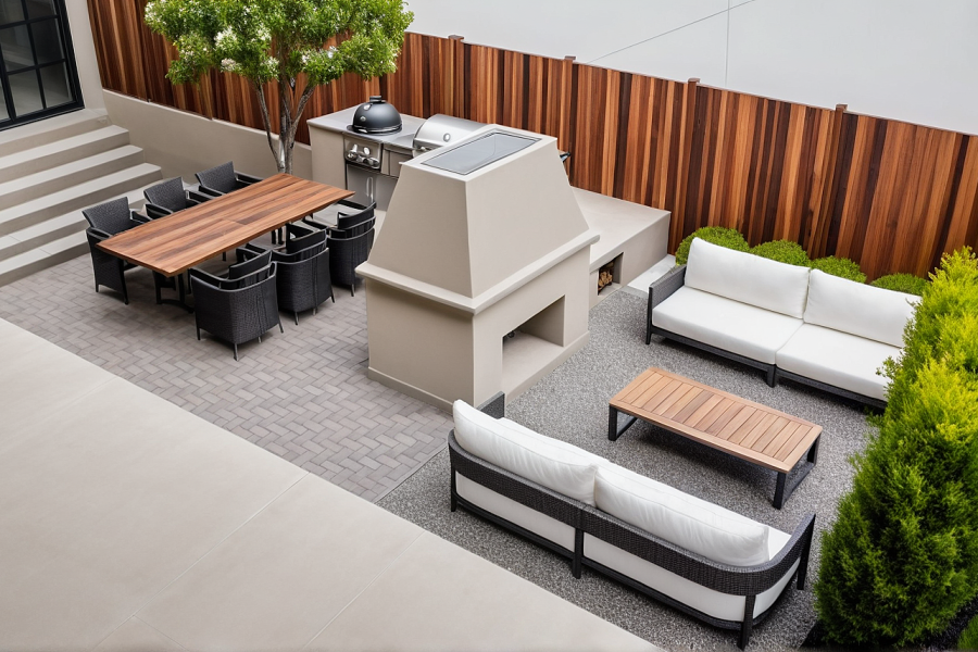 Patio Fireplace Kitchen Hardscape Design - Lanscaping