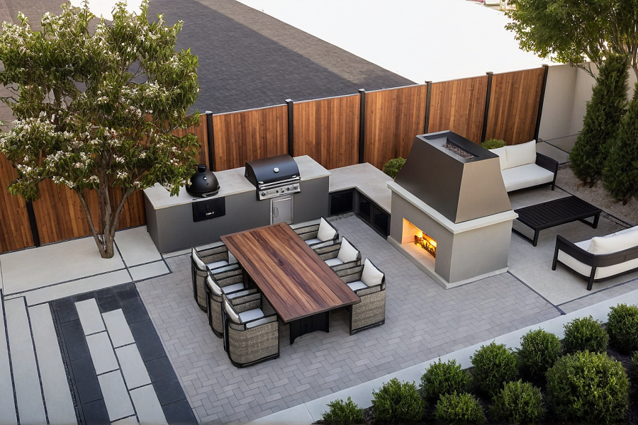 Patio Fireplace Outdoor Kitchen Hardscape Design - Lanscaping