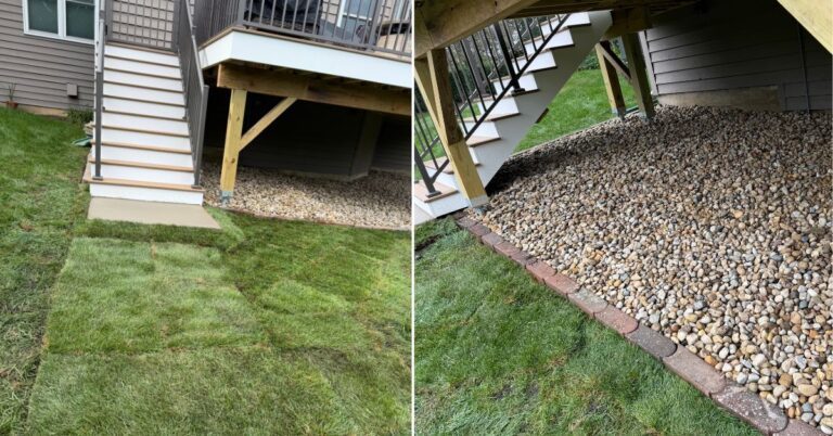 Landscape Installation Backyard Concrete, Sod & River Rock in Barrington - Lanscaping