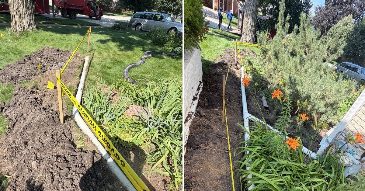 This Highland Park, IL drainage project included a 12-inch catch basin, 120+ feet of underground 4-inch PVC piping, downspout connections, leaf strainers, controlled discharge points, and restoration of disturbed walkways and turf.