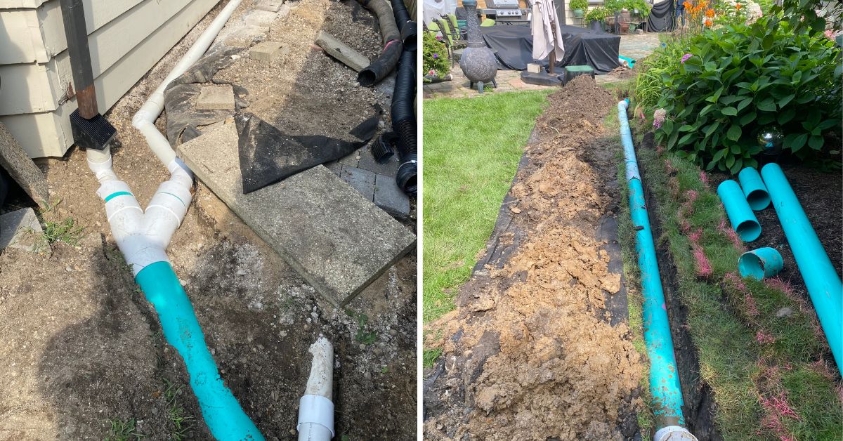Drainage project in Schiller Park, IL with 6-inch PVC piping, downspout connections, French drain, leaf guards, and river rock.