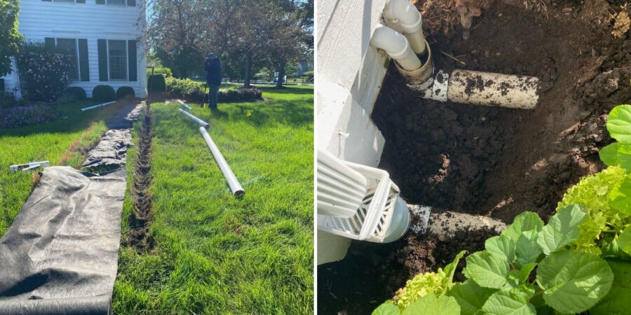 French drain installation in Deerfield, IL extending east from the original sump pump discharge point through the southwest front yard.