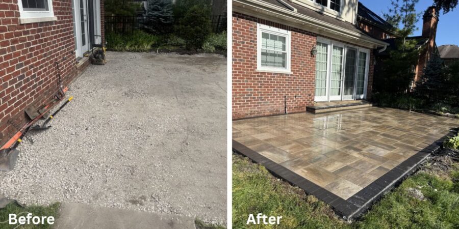 Unilock paver patio, front entrance, walkway, and deck replacement project completed in Arlington Heights