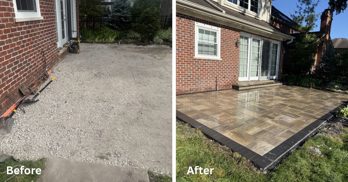 Unilock paver patio, front entrance, walkway, and deck replacement project completed in Arlington Heights