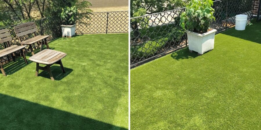 Rooftop deck renovation in Des Plaines, IL with artificial turf installation and Valentine's Crush Hibiscus planters.