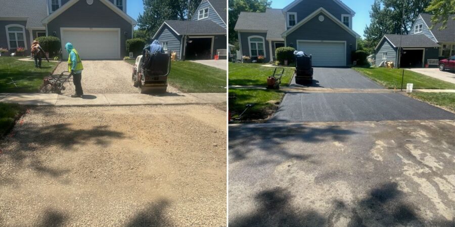 Asphalt driveway replacement in Deer Park, IL with new culvert installation, driveway apron, and protective sealcoating.