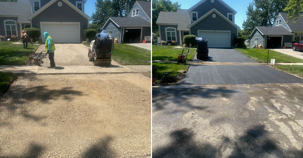Asphalt driveway replacement in Deer Park, IL with new culvert installation, driveway apron, and protective sealcoating.