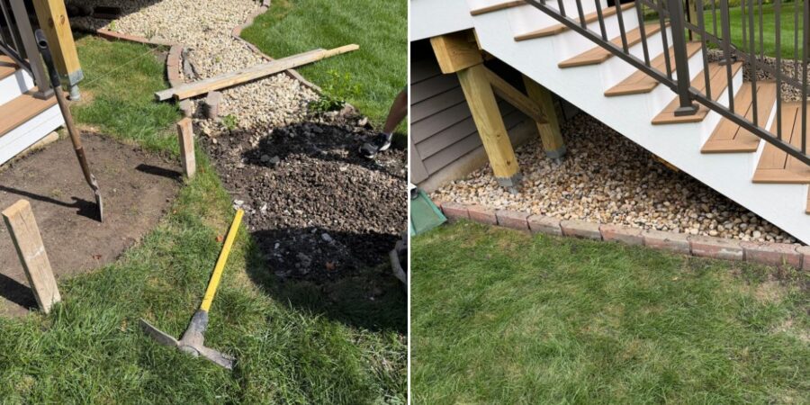 New concrete landing installed at the base of a backyard staircase as part of a residential landscape improvement project in Barrington, IL.