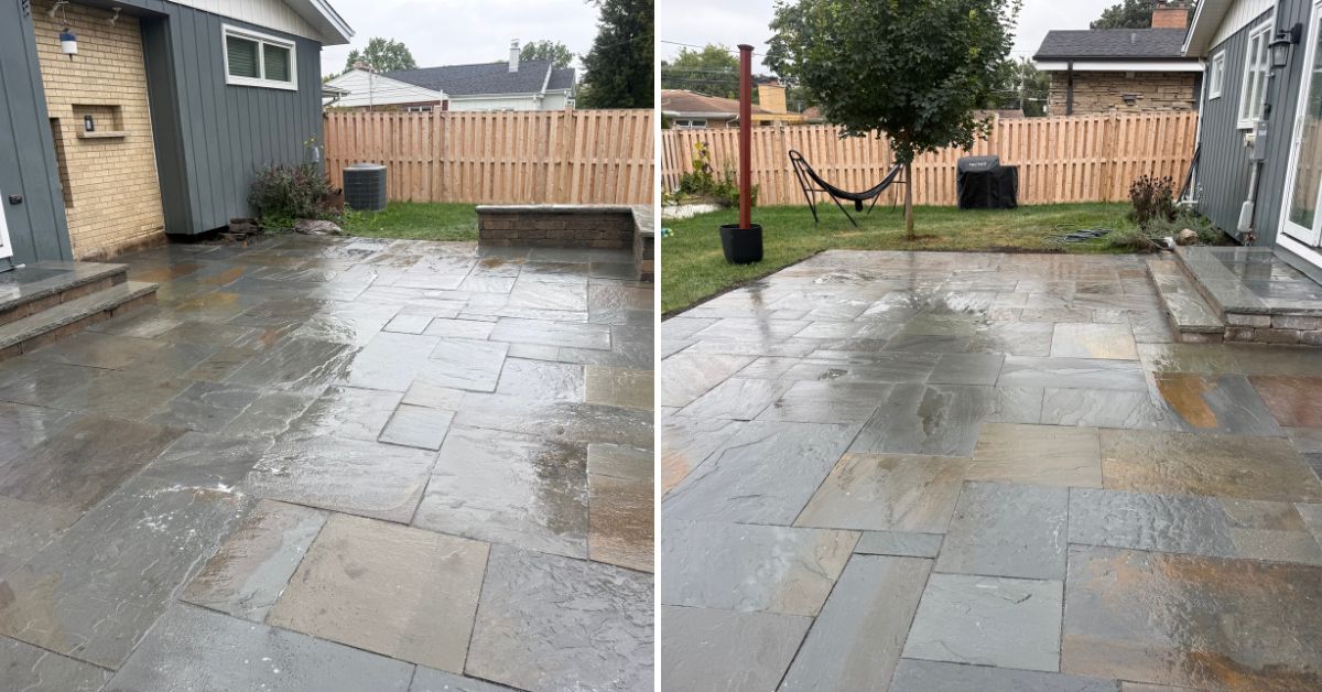 Concrete stoop and patio removal preparing a Niles backyard for an expanded natural stone patio.