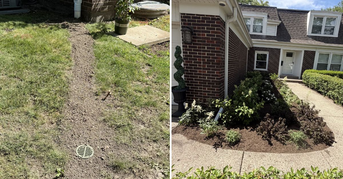 Residential drainage project in Lake Zurich, IL showing French drain installation, underground PVC piping, catch basin placement, and backyard grading improvements for effective water control.