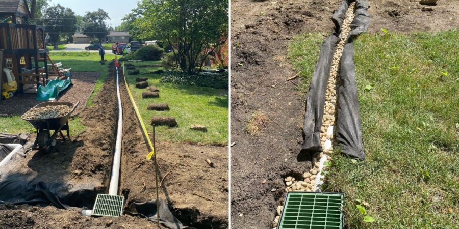 Backyard drainage improvements in Des Plaines, IL with French drains, catch basin, underground PVC piping, grading, and new sod installation.