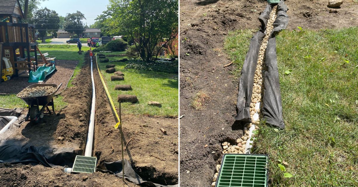 Backyard drainage improvements in Des Plaines, IL with French drains, catch basin, underground PVC piping, grading, and new sod installation.