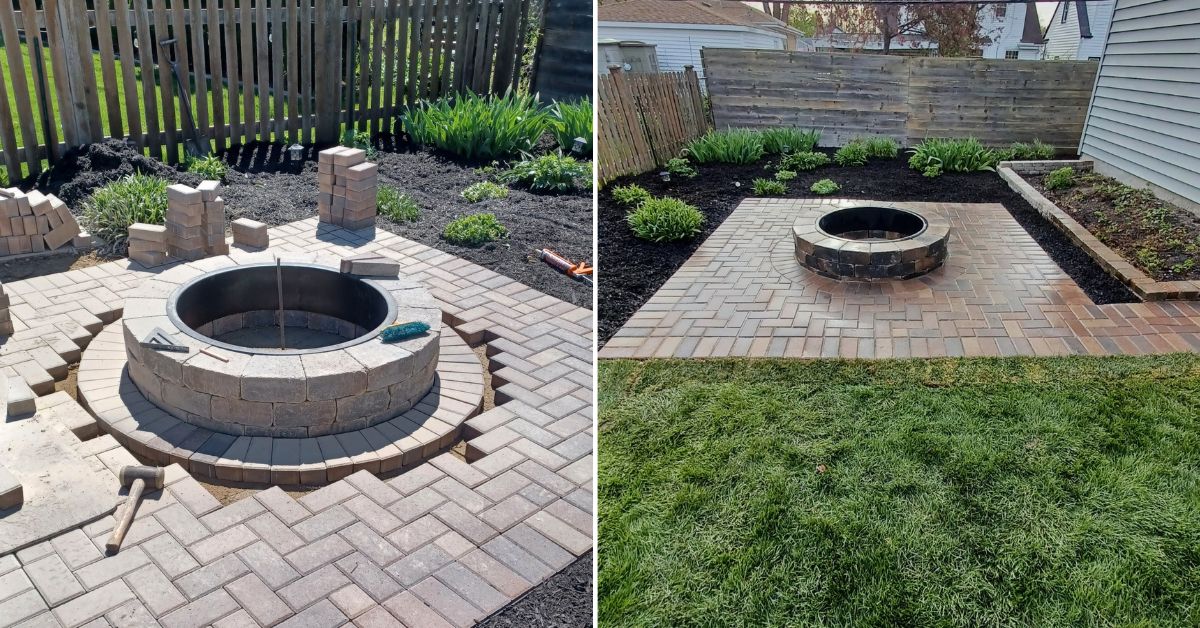 Holland Stone brick patio construction with custom fire pit, grading improvements, and landscape enhancements in Kenilworth