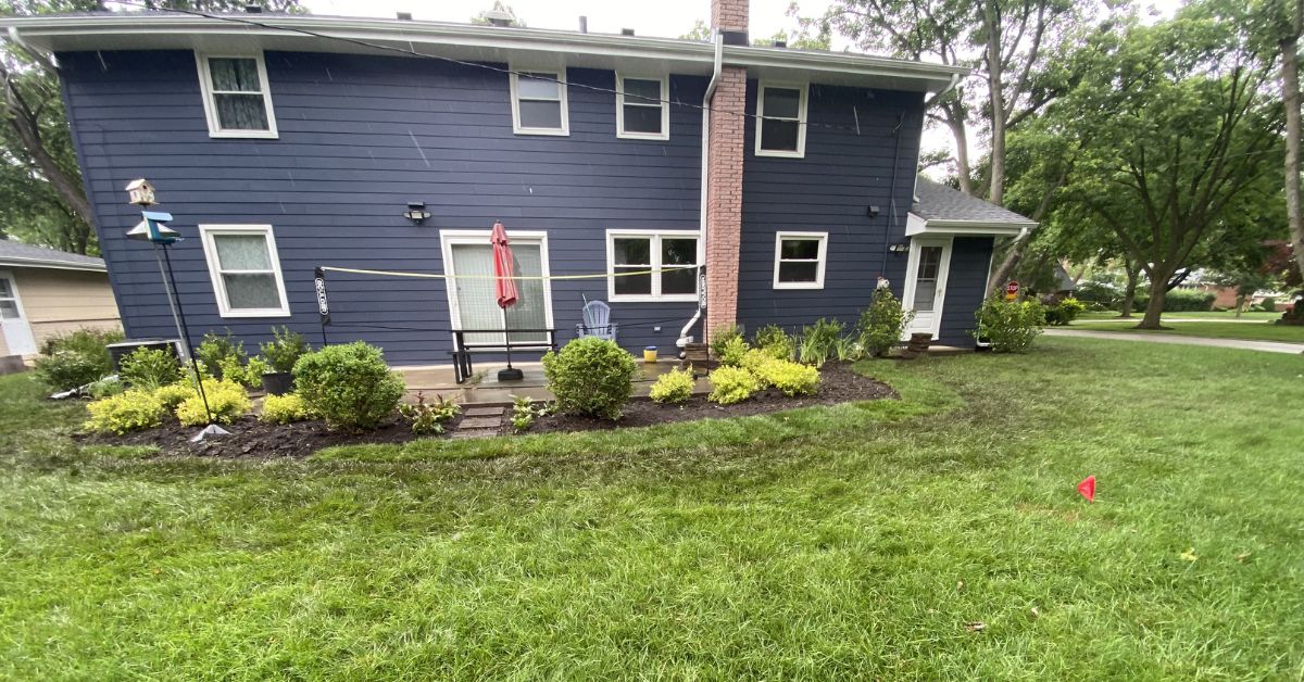 Landscape renovation in Northfield, IL with Japanese maple, hydrangeas, sod installation, PVC drainage, and new planting beds.