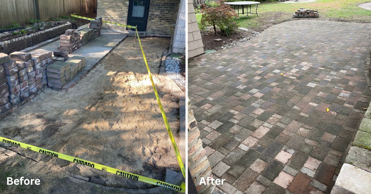 Brick retaining wall repair in an Evanston backyard, preserving the original wall layout near mature mulberry trees.