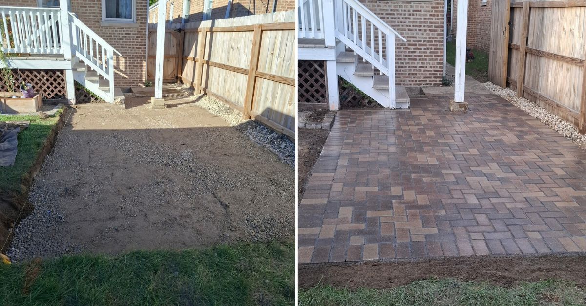Backyard area cleared of existing sod, dirt, and concrete before new brick paver patio installation in Winnetka, IL.