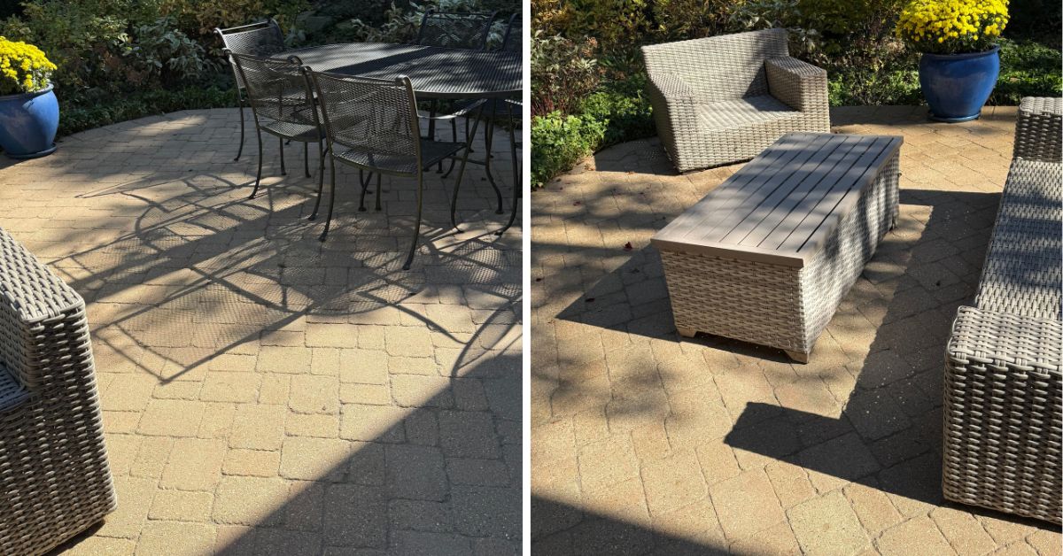 Existing pavers being repaired at the front entrance of a Northbrook, Illinois, home as part of a hardscape maintenance project.