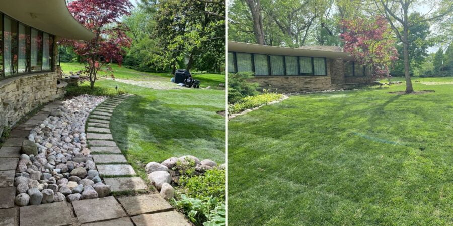 Backyard drainage and lawn restoration project in Barrington featuring French drain installation, grading corrections, PVC drainage piping, fresh sod installation, and backyard water management improvements