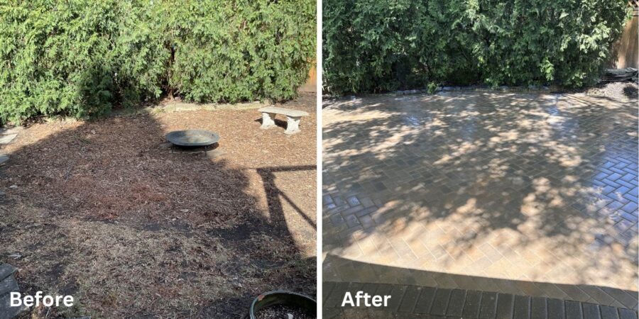 Newly expanded Hollandstone paver patio with rebuilt stoop in Barrington backyard