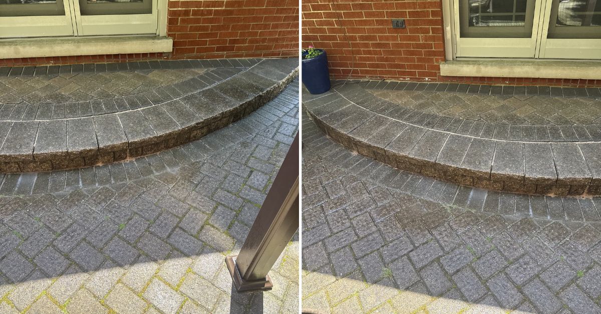 Newly expanded Hollandstone paver patio with rebuilt stoop in Barrington backyard