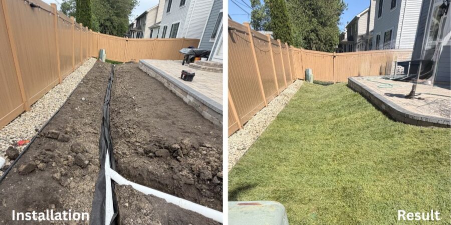 French drain installation project with underground downspout connections, grading improvements, and backyard drainage solutions in Barrington