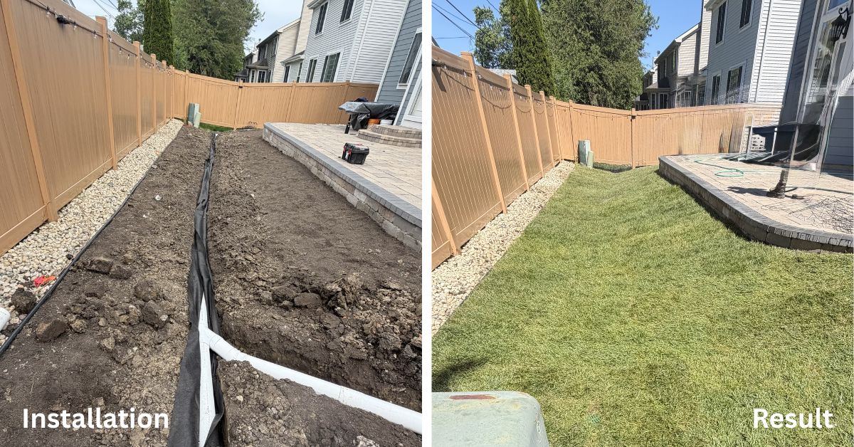 French drain installation project with underground downspout connections, grading improvements, and backyard drainage solutions in Barrington
