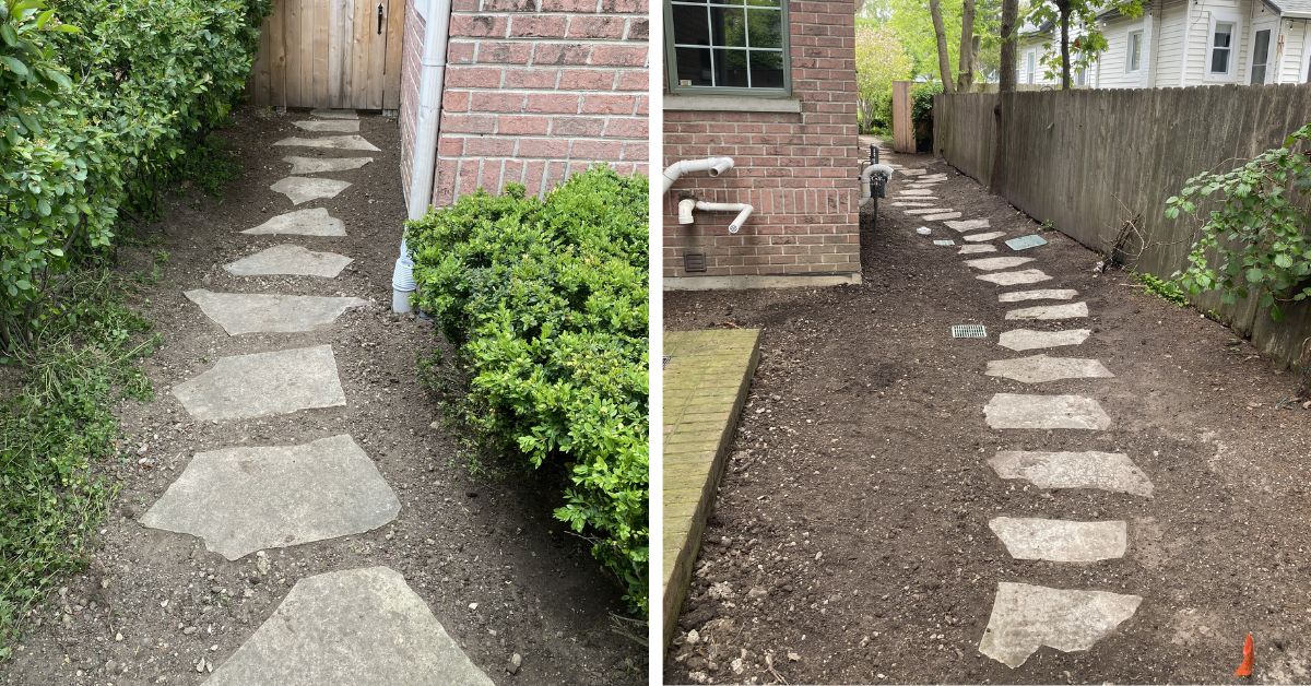 Excavation work for underground 4-inch PVC drainage system installation in Wilmette backyard renovation project