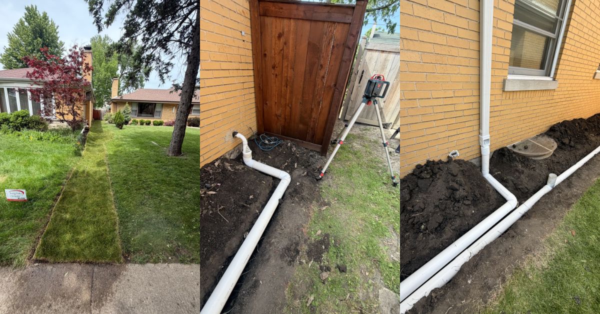 Drainage and swale installation project in Chicago featuring grading improvements, underground drainage piping, sump pump discharge extensions, excavation work, and new sod restoration to improve water flow away from the home foundation.