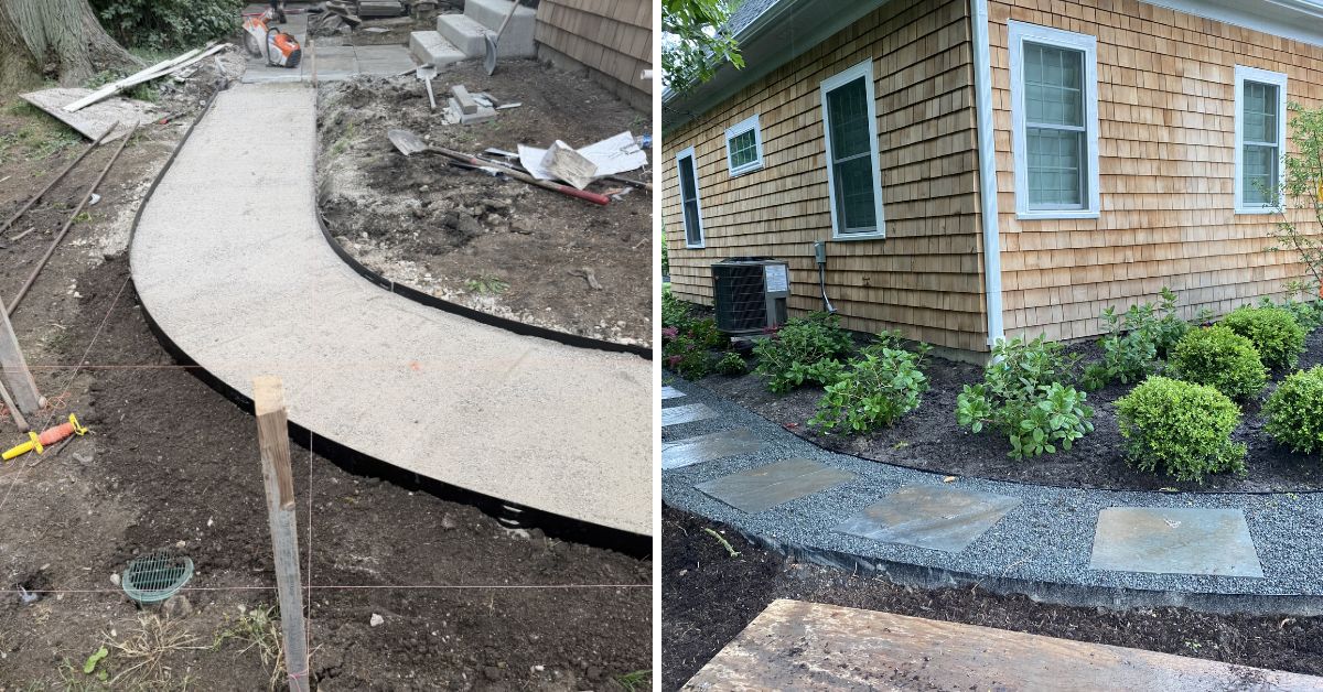 Landscape renovation project in Inverness, IL with bluestone pathways, lawn restoration, shrubs, perennials, and multiple entrance improvements.