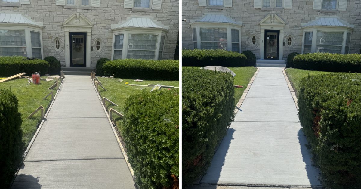 Concrete hardscape renovation in Inverness, IL with new driveway, patio, walkways, retaining wall, and landscape installation.