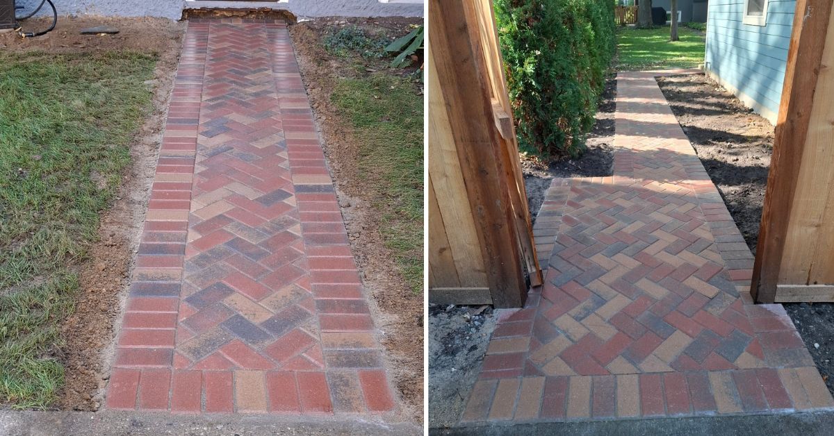 New brick paver walkway installation in Evanston, Illinois, connecting the back gate to a detached garage with a herringbone pattern.