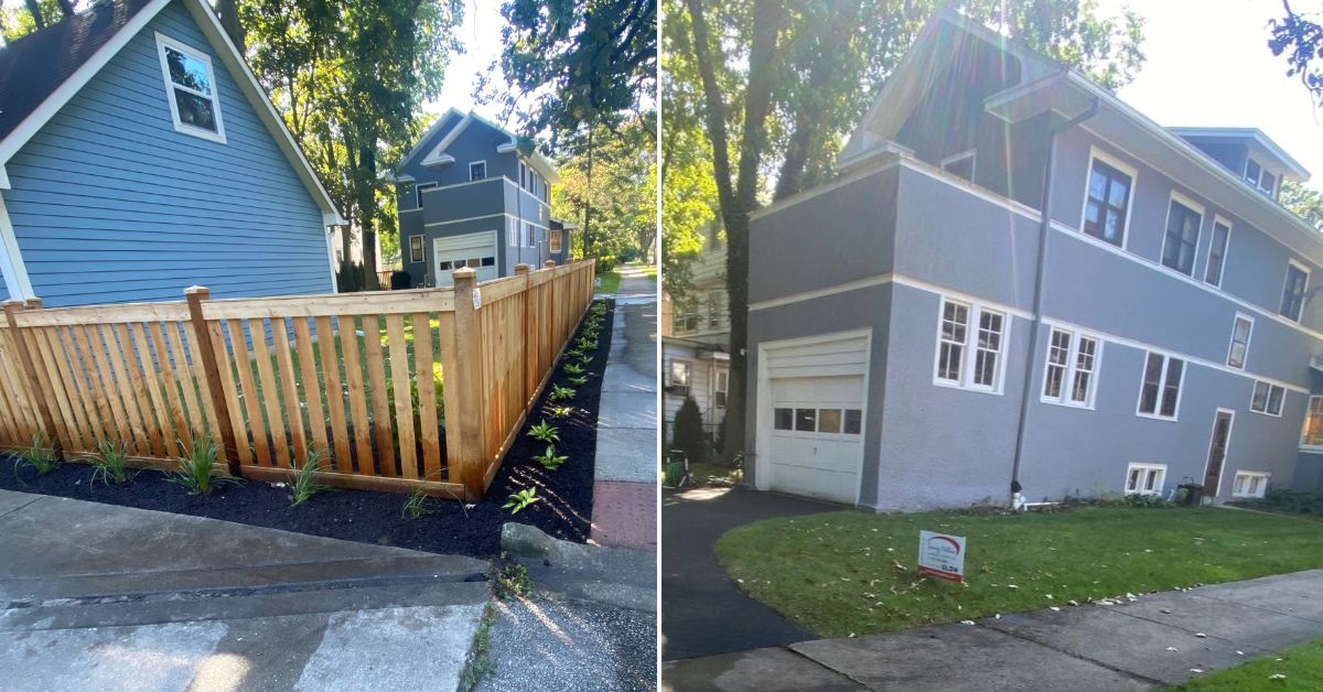 New brick paver walkway connecting the back gate toward a detached garage at a Deerfield, IL property.