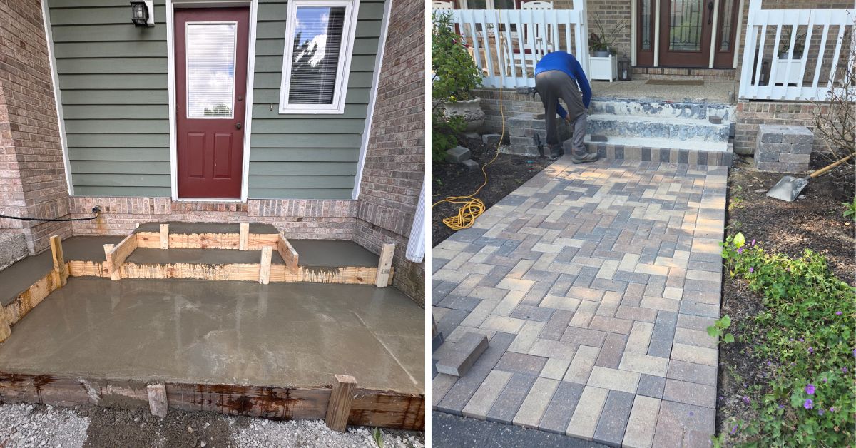 Front entrance renovation in Elmhurst, IL with Hollandstone paver installation replacing existing brick steps and walkway.