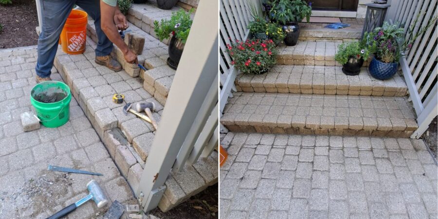 Brick stair repair in Buffalo Grove, IL with loose brick resetting to improve safety, stability, and curb appeal.