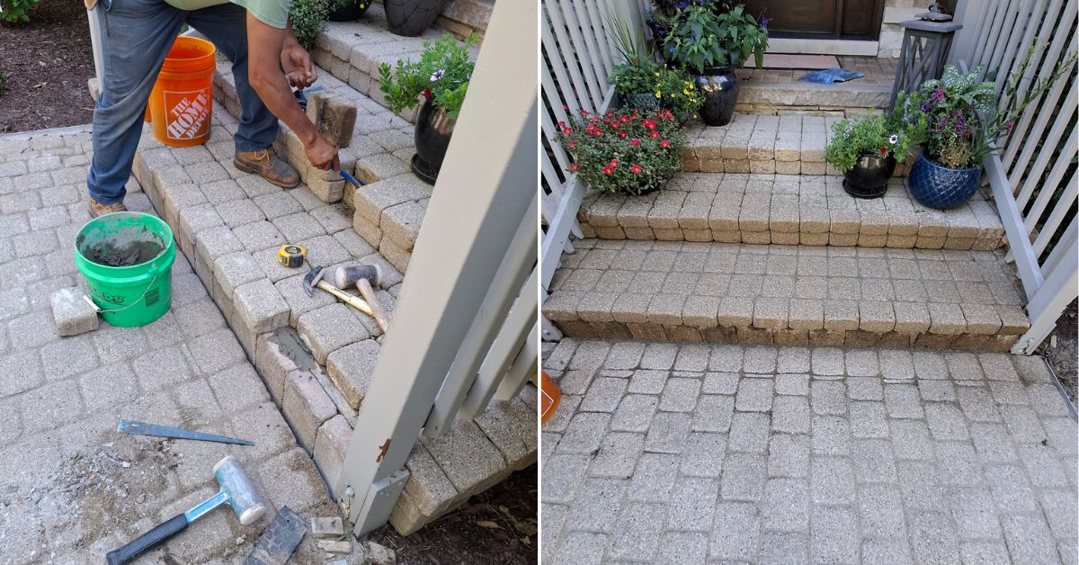 Brick stair repair in Buffalo Grove, IL with loose brick resetting to improve safety, stability, and curb appeal.