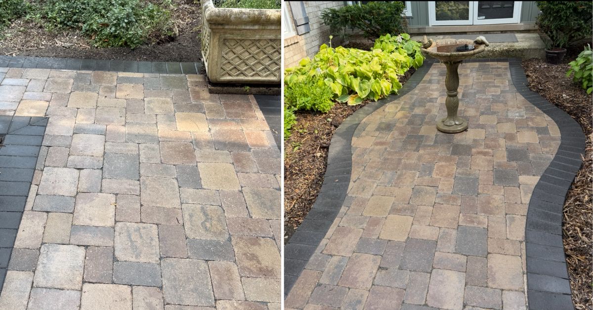Brussels Brick paver patio and walkway installation in Edison Park, IL with new walkways, stone base, and durable hardscape construction.