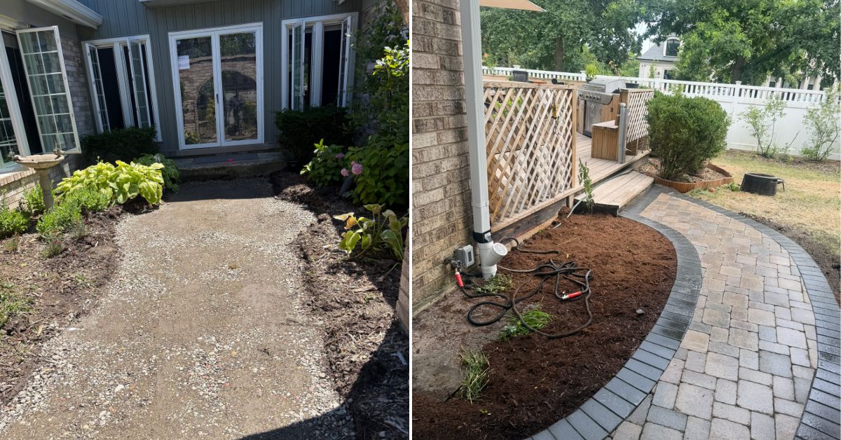 Brussels Brick paver patio and walkway installation in Edison Park, IL with new walkways, stone base, and durable hardscape construction.