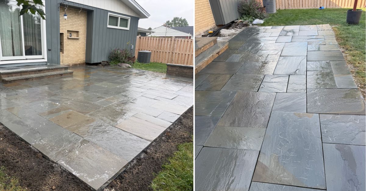 Concrete stoop and patio removal preparing a Niles backyard for an expanded natural stone patio.