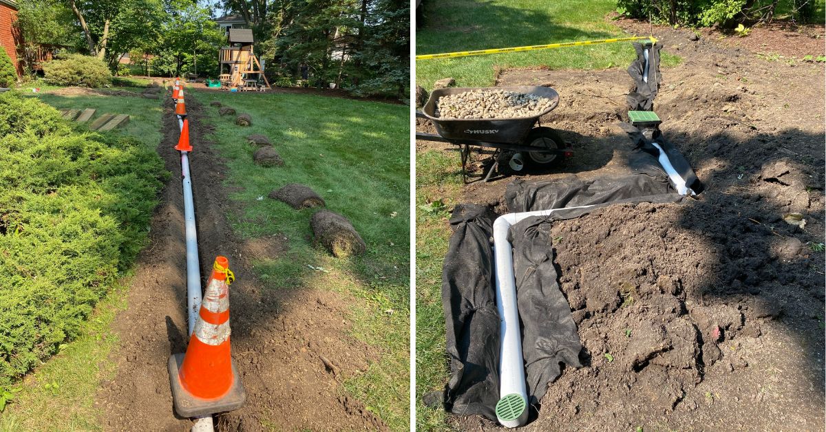Backyard drainage improvements in Des Plaines, IL with French drains, catch basin, underground PVC piping, grading, and new sod installation.