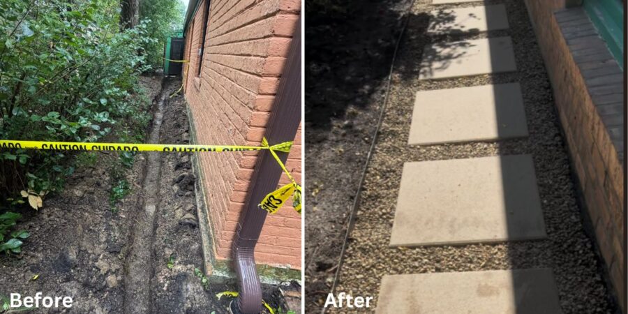 Rear entry drainage and walkway improvement project in Evanston, IL featuring a brick paver landing, channel drain, underground PVC drainage, large concrete steppers, pea gravel, and steel edging.
