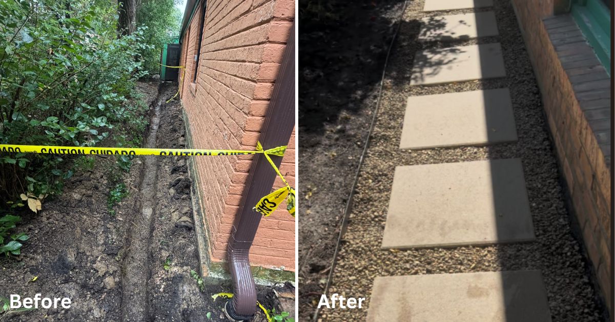 Rear entry drainage and walkway improvement project in Evanston, IL featuring a brick paver landing, channel drain, underground PVC drainage, large concrete steppers, pea gravel, and steel edging.