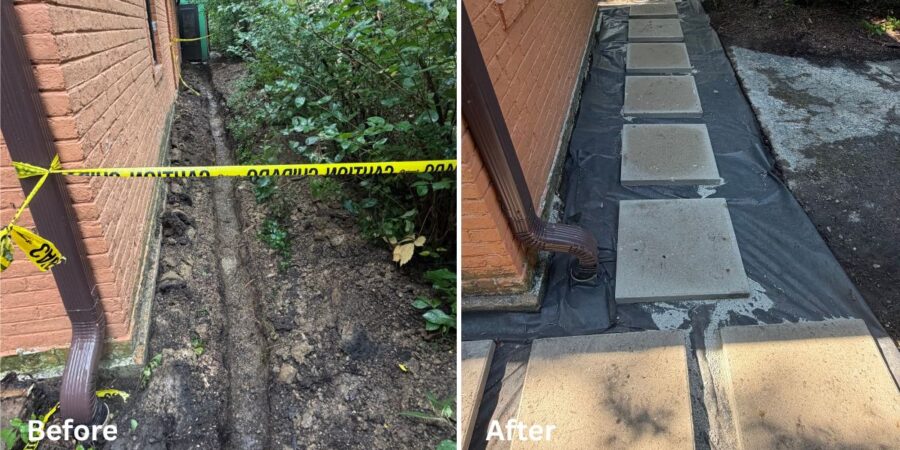 Rear entry drainage and walkway improvement project in Evanston, IL featuring a brick paver landing, channel drain, underground PVC drainage, large concrete steppers, pea gravel, and steel edging.
