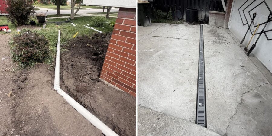 Drainage improvements in Deer Park, IL with channel drain, PVC piping, grading, swale installation, and downspout connections.