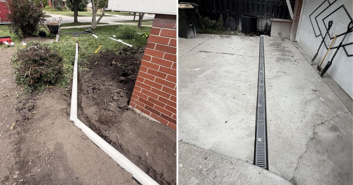 Drainage improvements in Deer Park, IL with channel drain, PVC piping, grading, swale installation, and downspout connections.