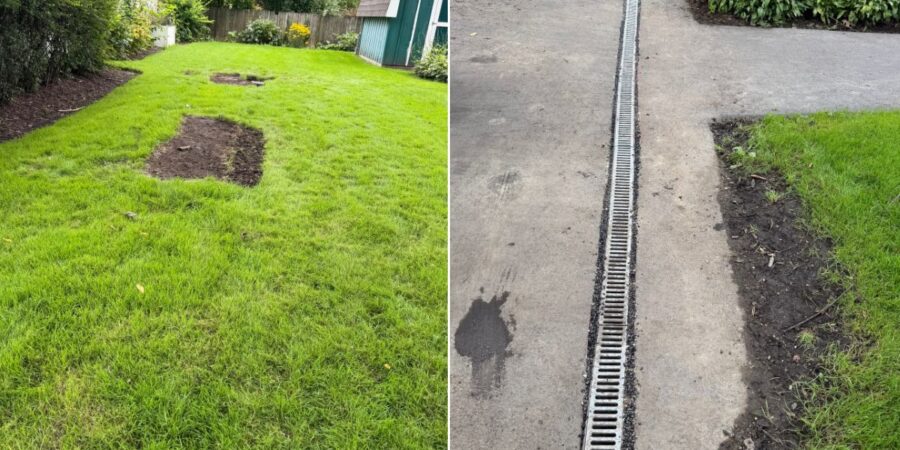 Channel drain and underground 4-inch PVC drainage system installed at a residential driveway in Elmhurst, IL to capture surface runoff and reduce water pooling.