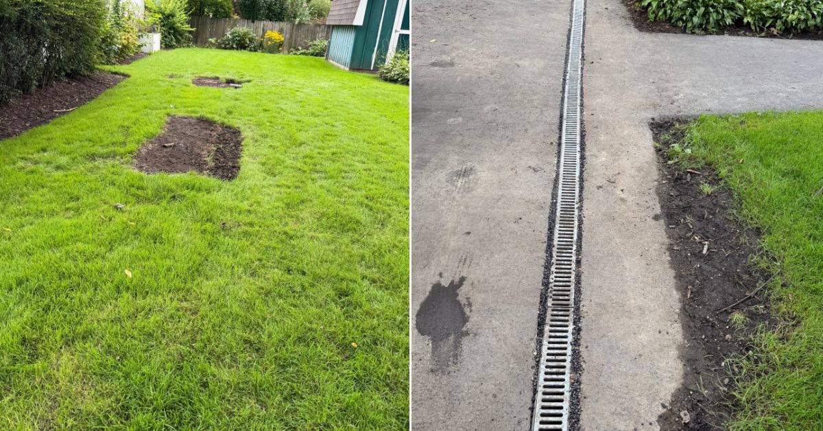 Channel drain and underground 4-inch PVC drainage system installed at a residential driveway in Elmhurst, IL to capture surface runoff and reduce water pooling.