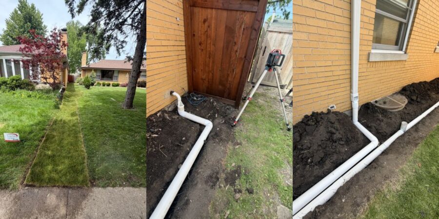 Drainage and swale installation project in Chicago featuring grading improvements, underground drainage piping, sump pump discharge extensions, excavation work, and new sod restoration to improve water flow away from the home foundation.