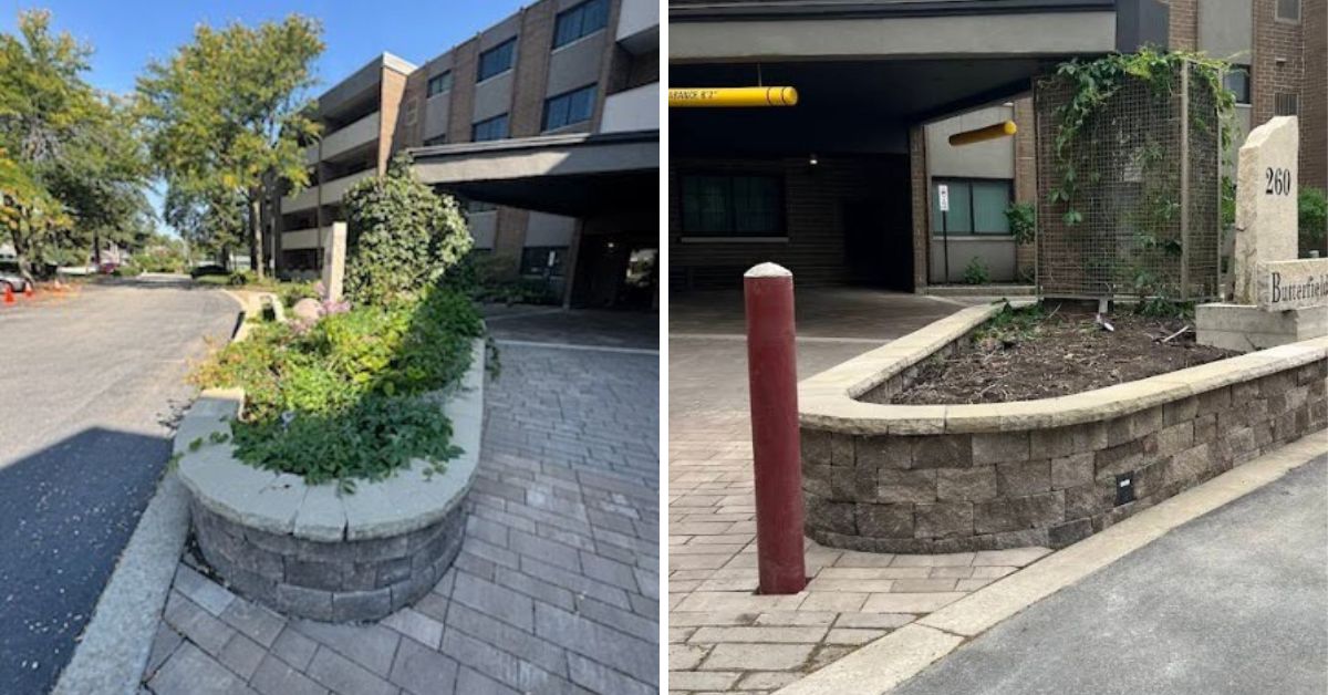 Retaining wall reconstruction and community entrance restoration in Kenilworth, IL with concrete foundation installation, drainage improvements, and monument reinstallation.